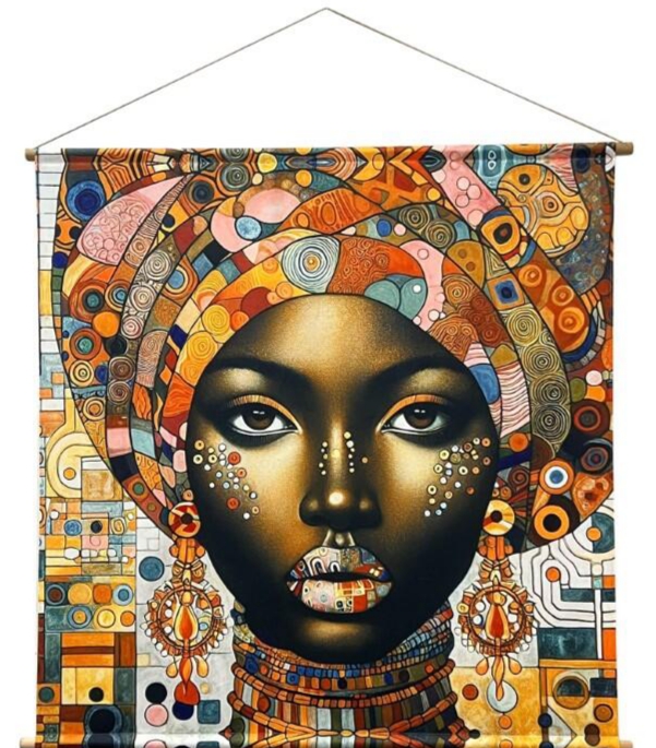 Tecido decorativo com arte de mulher negra de turbante colorido e padrões geométricos