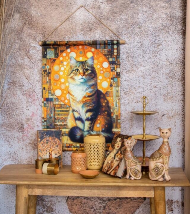 Decoração com tapeçaria de gato, objetos decorativos e pedestal dourado sobre mesa de madeira