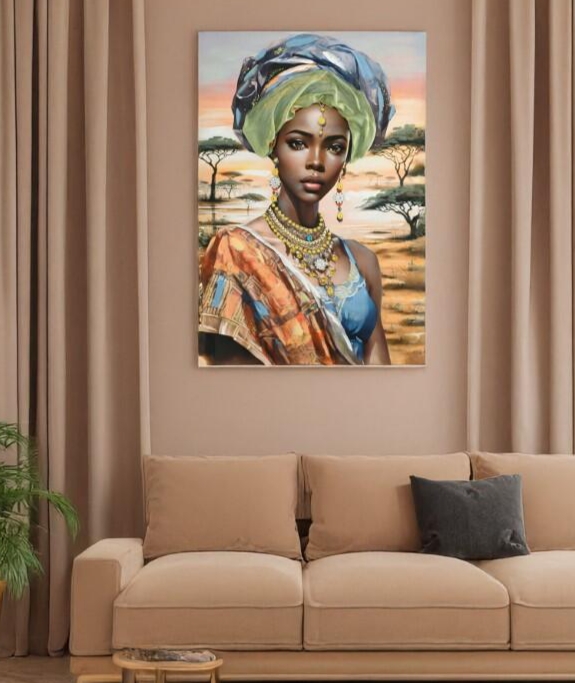 Sofá bege com quadro de mulher africana com turbante colorido pendurado na parede