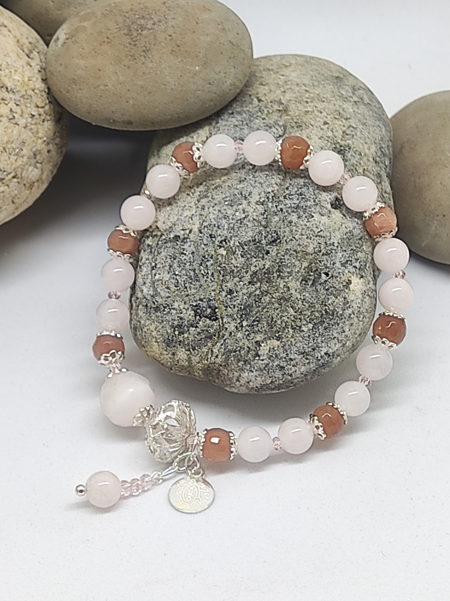 Pulseira Pedra do Sol/ Quartzo Rosa e Prata 925