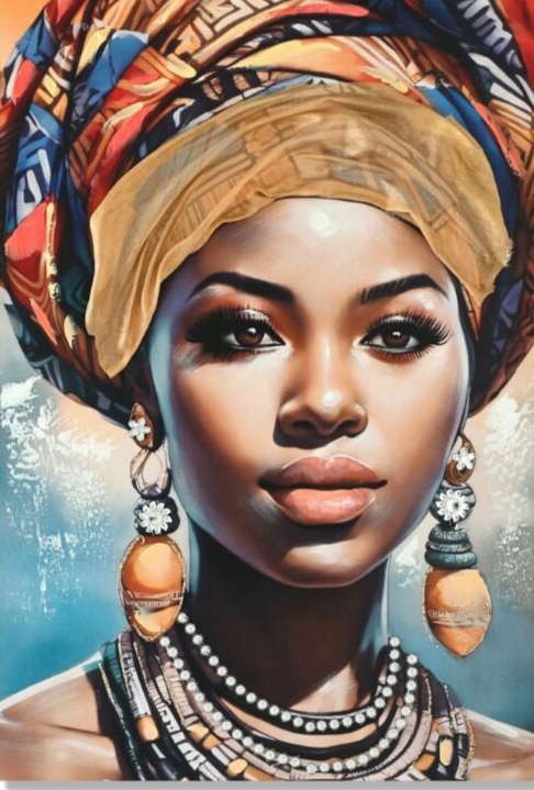 Retrato de mulher com turbante colorido, brincos grandes e colares múltiplos