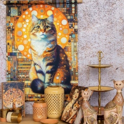 Tapeçaria com retrato de gato e objetos decorativos em madeira e metal dourado