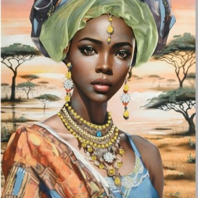Pintura de mulher africana com turbante azul e verde, joias amarelas, fundo savana com árvores