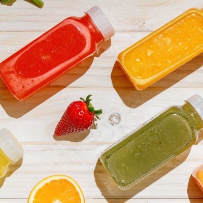 Garrafa de plástico com suco colorido e frutas frescas ao redor