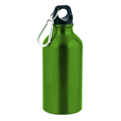 garrafa desportiva verde metálica com tampa preta e mosquetão