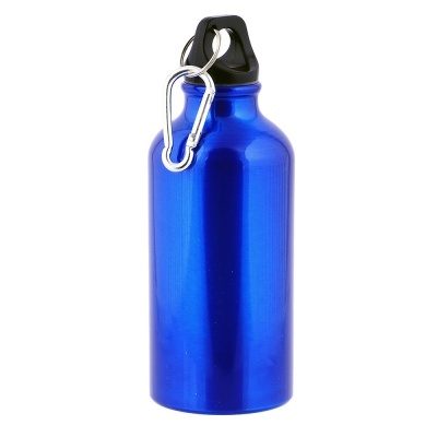 Garrafa desportiva azul metálica com tampa preta e mosquetão