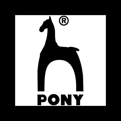 Logotipo preto de cavalo estilizado e texto PONY em fundo branco