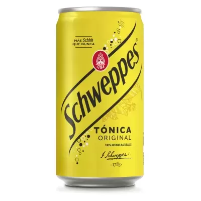 Lata amarela de Schweppes Tónica Original com texto preto e vermelho