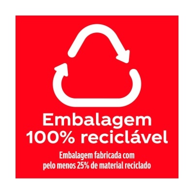 Sinal de embalagem 100% reciclável com texto branco em fundo vermelho