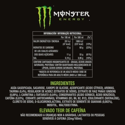 Lata preta de bebida Monster Energy com logotipo verde e texto nutricional em português e espanhol.