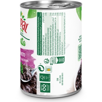 Lata de feijão preto Compal com rótulo branco e verde