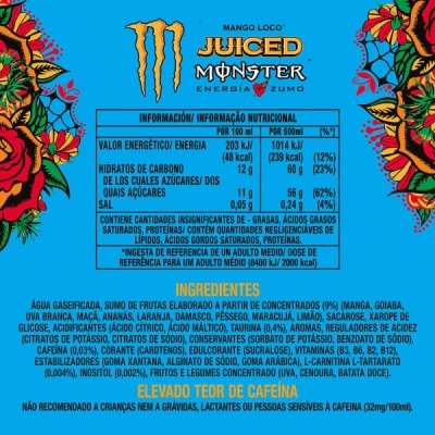 Etiqueta nutricional e ingredientes de bebida energética JUICED MONSTER MANGO LOCO em azul