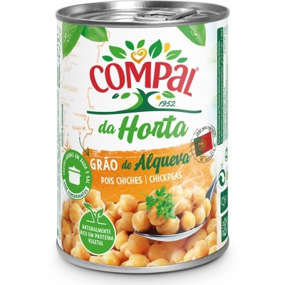 Lata de grão-de-bico Compal da Horta com design verde e branco