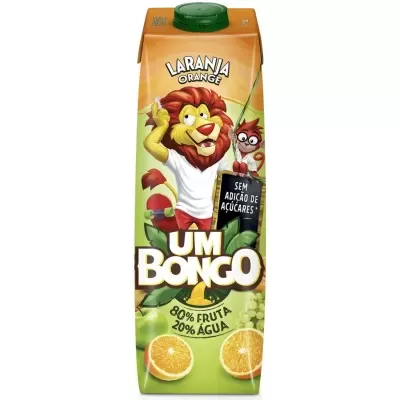 Cartão de sumo de laranja UM BONGO com tampa verde e desenho de leão e texto promocional