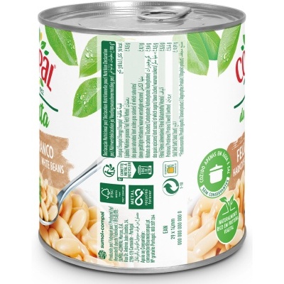 Lata de feijão branco Coar com rótulo branco e verde e texto em português