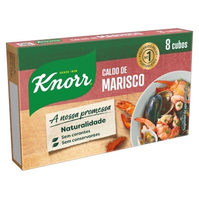 Caixa de caldo de marisco Knorr com 8 cubos e promessa de naturalidade sem corantes nem conservantes.