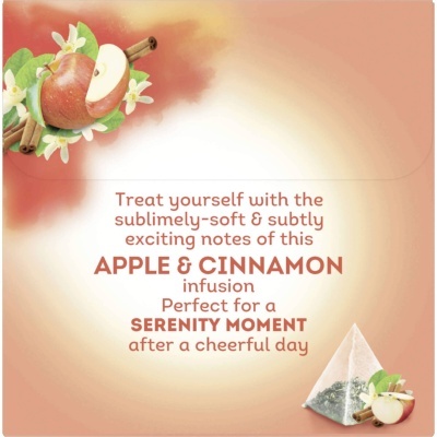 Embalagem de infusão de maçã e canela com ilustrações de frutas e saquinho de chá