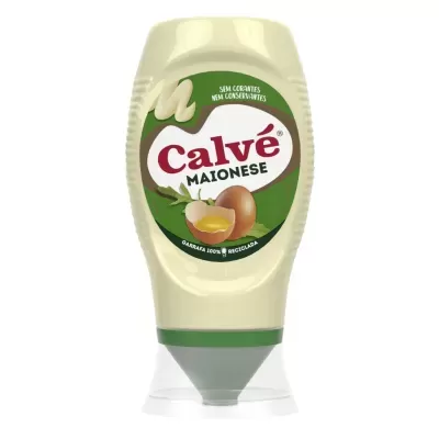 Frasco plástico de maionese Calvé com rótulo verde e branco e tampa transparente