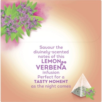 Embalagem de chá lemon verbena com flores roxas e saqueta piramidal