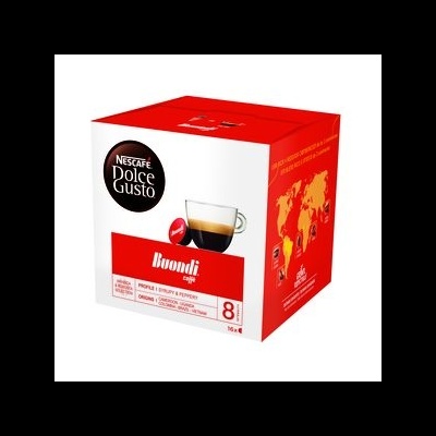 Caixa de cápsulas Nescafé Dolce Gusto Ristretto Ardenza vermelha e branca com chávena de café