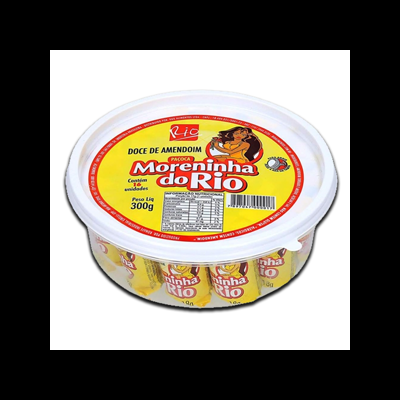 Embalagem plástica com doce de amendoim Morena do Rio amarela e branca