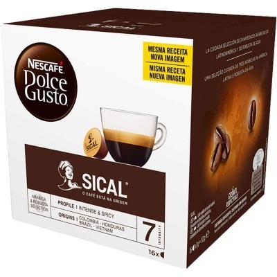 Caixa de cápsulas de café Nescafé Dolce Gusto Sical castanha e amarela