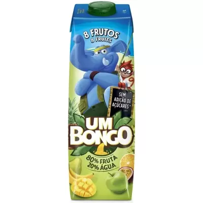 Embalagem de sumo Um Bongo com frutas e personagens de desenho animado