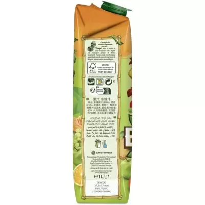 Embalagem de sumo de laranja com tampa verde e texto em várias línguas