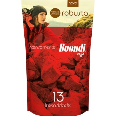 Embalagem de café Buondi Robusto intensidade 13 com imagem de mulher e rochas vermelhas