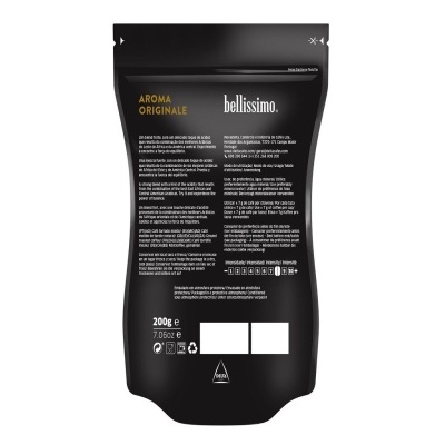 Saco preto hermético com texto AROMA ORIGINALE e bellissimo e informações imprimidas