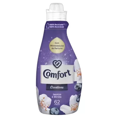 Frasco roxo de amaciador Comfort Creations com flores e mirtilos