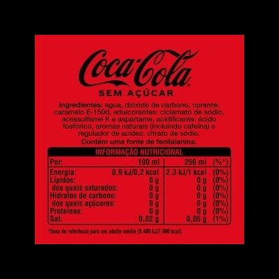 Rótulo de Coca-Cola Sem Açúcar com ingredientes e informação nutricional