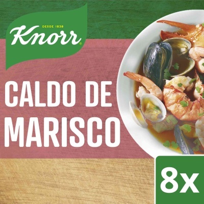Embalagem de caldo de marisco Knorr com prato de marisco e indicação 8x
