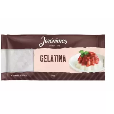 Pacote de gelatina Jerónimos com 5 folhas em embalagem castanha e creme