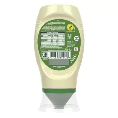 Frasco de plástico creme com tampa transparente e rótulo verde com texto e código de barras