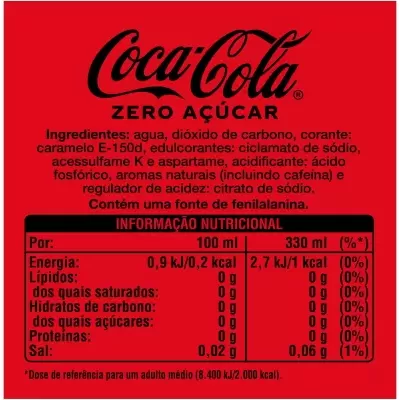 Rótulo vermelho de Coca-Cola Zero Açúcar com texto em português europeu