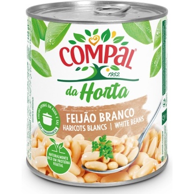 Lata de feijão branco Compal da Horta com rótulo branco e verde