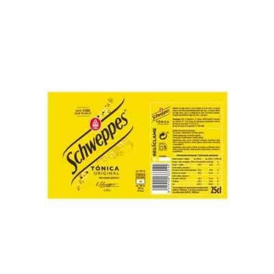 Rótulo amarelo de Schweppes TÓNICA ORIGINAL 25 cl com textos e códigos