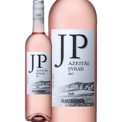 Garrafa de vinho rosé JP Azeitão Syrah 2017 com rótulo branco e texto preto