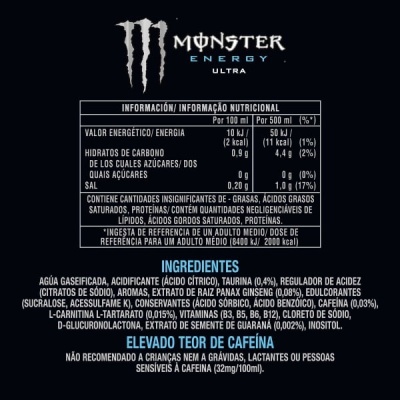 Rótulo preto de Monster Energy Ultra com tabela nutricional e texto em português e espanhol