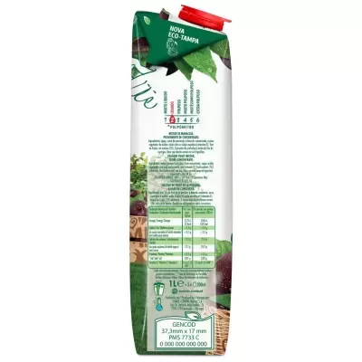 Embalagem tetra pak branca e verde com tampa vermelha e texto nutricional