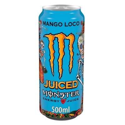 Lata azul de Monster Juiced Mango Loco 500ml com design colorido de esqueletos