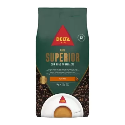 Embalagem de café Delta Lote Superior com grão torrado e cápsula de café