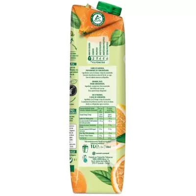 Pacote de sumo de laranja de 1 litro com tampa verde e informações nutricionais.