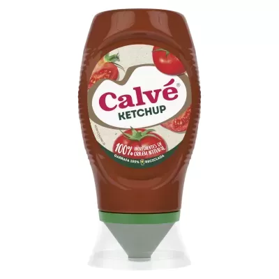 Frasco de ketchup Calvé com rótulo e tampa verde