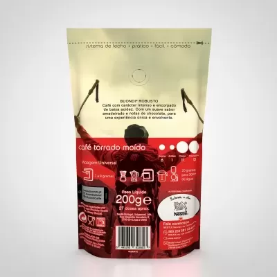 Saco de café torrado moído 200g com design vermelho e creme