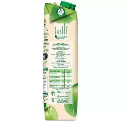 Pacote de sumo de maçã caixa cartonada 1L com tampa verde e texto informativo