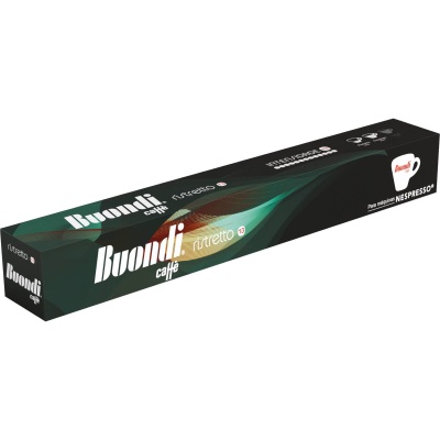 Embalagem de cápsulas de café Buondi Archetto preta e verde com texto branco e chávena de café