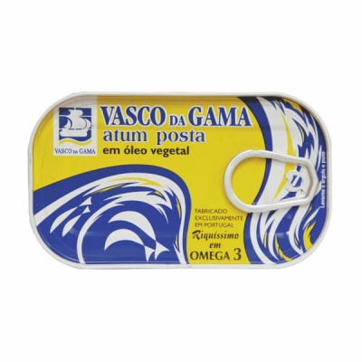 Lata amarela e azul de atum Vasco da Gama em óleo vegetal