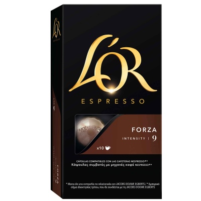 Caixa preta de cápsulas de café L'OR Espresso Forza intensidade 9 com cápsula visível